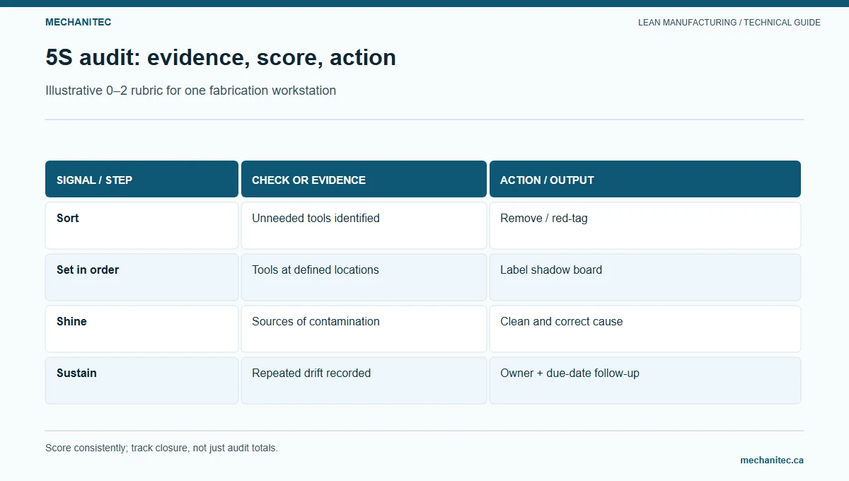 5S audit: evidence, score, action. Illustrative 0–2 rubric for one fabrication workstation. Mechanitec instructional diagram.