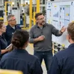 Editorial image showing shift team reviewing an ongoing improvement board.