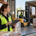 Editorial image showing warehouse material-flow coordinator overseeing truck loading.