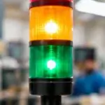 Editorial image showing red, amber and green Andon signal lamp.
