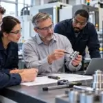 Editorial image showing manufacturing engineers discussing inspection of a machined part.