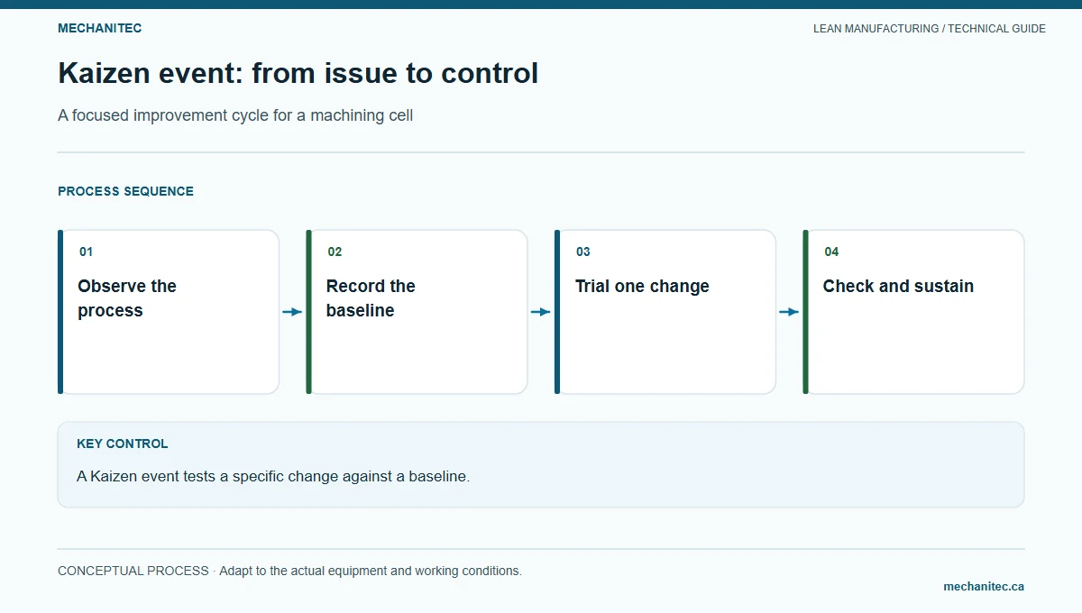 Kaizen event: from issue to control. A focused improvement cycle for a machining cell. Mechanitec instructional diagram.