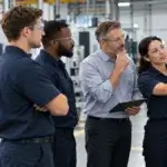 Editorial image showing factory team discussing Kaizen priorities at a production board.