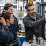 Editorial image showing factory personnel reviewing process improvements at a visual board.