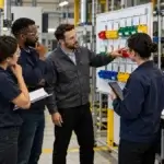 Troubleshoot Lean Tools on the Manufacturing Floor Editorial image showing team discussing 5S tools and Kanban signals on a production board.