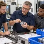 Editorial image showing hands-on machining instruction with trainees and a precision component.