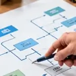Editorial image showing hand tracing a process flowchart on paper.