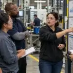 Step-by-Step Lean Manufacturing Implementation Guide Editorial image showing lean implementation briefing with a manufacturing team.
