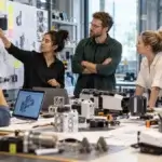 Editorial image showing cross-functional product development team planning work on a visual board.