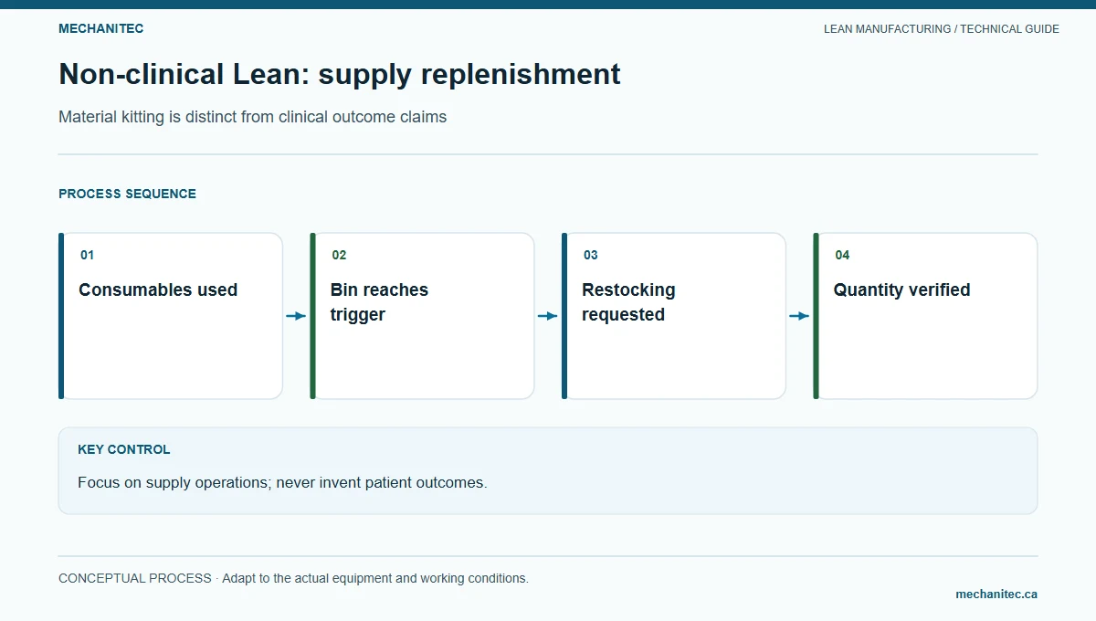Nonclinical hospital facilities supply replenishment flow from use signal to restocked cart.