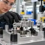 Poka-Yoke for Welded and Machined-Part Assembly Editorial image showing worker positioning a precision component in an assembly fixture.