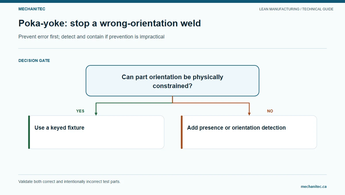 Poka-yoke: stop a wrong-orientation weld. Prevent error first; detect and contain if prevention is impractical. Mechanitec instructional diagram.