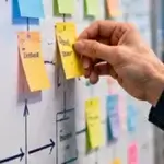 Editorial image showing hands arranging process-map sticky notes.