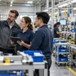 Editorial image showing team reviewing material flow at a manufacturing workstation.