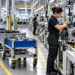 Just-in-Time Production for Mixed-Volume Manufacturing Editorial image showing modern manufacturing assembly line with parts replenishment carts.