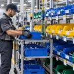 Successful Implementation of Kanban in Manufacturing Editorial image showing worker replenishing small metal parts bins in a production supermarket.