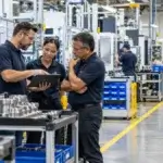 Editorial image showing manufacturing team reviewing production metrics on a shop-floor tablet.