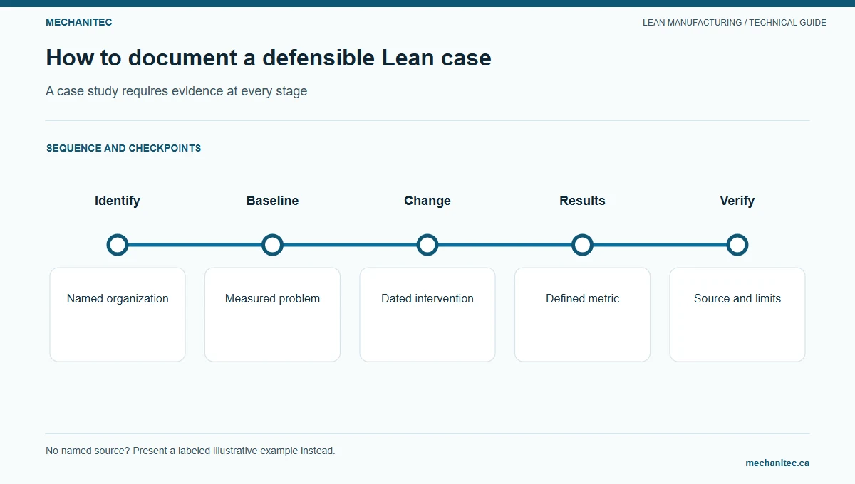 Lean pilot sequence from defining the boundary and baseline through testing, checking results, and setting process controls.