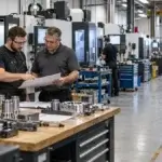 Editorial image showing machinist and supervisor reviewing a shop traveler beside CNC machines.