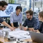 Editorial image showing engineers studying CAD drawings and mechanical prototype parts.