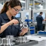 Editorial image showing quality technician measuring a precision-machined metal part.