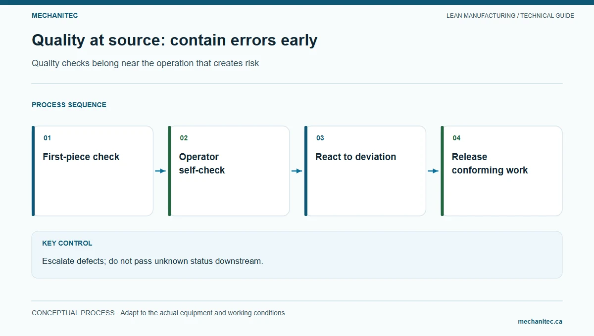 Quality at source: contain errors early. Quality checks belong near the operation that creates risk. Mechanitec instructional diagram.