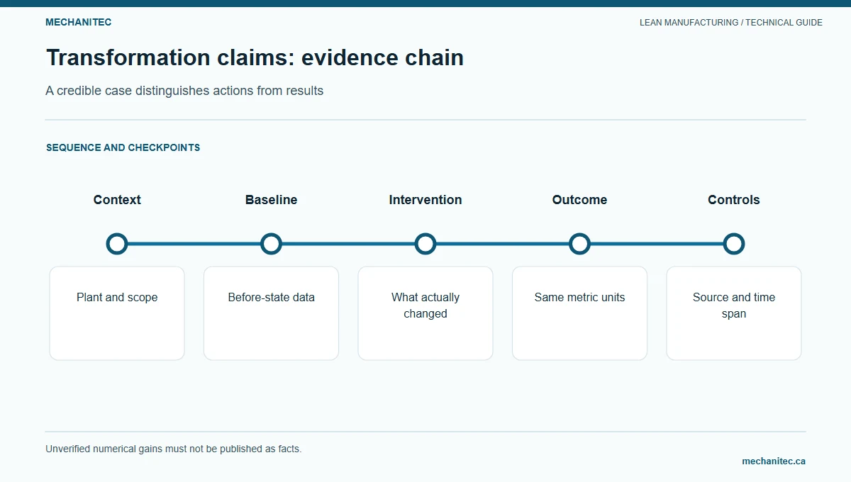 Lean manufacturing transformation sequence from customer problem and current-state evidence through a pilot and sustainment controls.